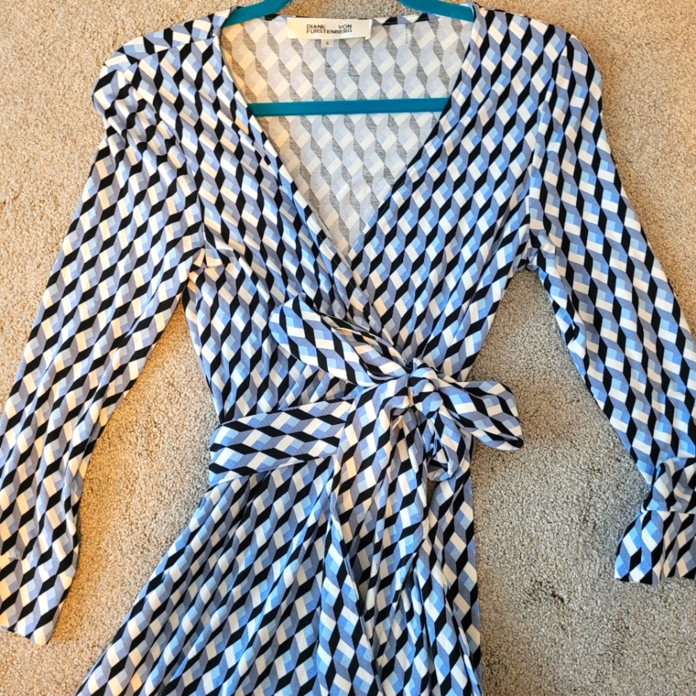 DVF blue geometric wrap dress